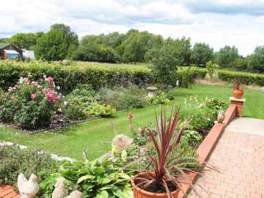 A garden with flower beds potted plants a hedge and a paved walkway at Beechnut Cottage in Tewkesbury