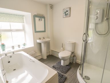 A bathroom with a bathtub a sink a toilet and a shower at Brickfield Cottage in Machynlleth
