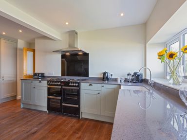 A kitchen with grey cabinets a black stove and countertop with a kettle coffee machine and sunflowers in a vase at Rocky Close in St Ives