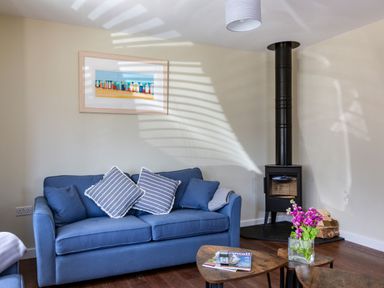 A living room with a blue sofa striped cushions a wood burning stove a small table with flowers and magazines and a framed picture on the wall at Rocky Close in St Ives