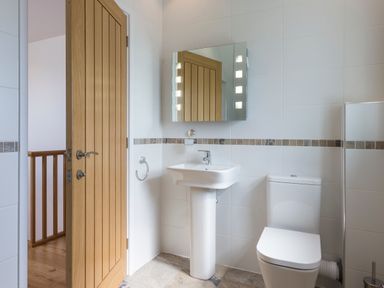 A bathroom with a wooden door a pedestal sink a wall mirror and a toilet at Boscarne St Ives