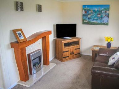 A living room with a fireplace wooden TV stand leather sofa and flowers on a table at The Dovecote in Hartland