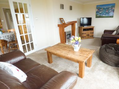 A living room with brown leather sofas a wooden coffee table a fireplace a television on a wooden stand and a bean bag at The Dovecote in Hartland