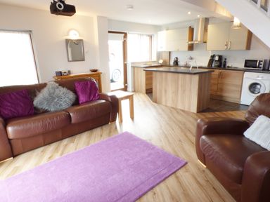 An open living room and kitchen with brown leather sofas purple cushions a purple rug and wooden flooring at Penylodge in Builth Wells