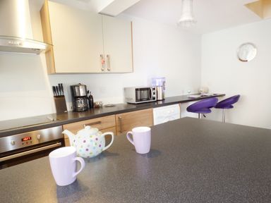 A kitchen with a stove microwave coffee maker teapot and two purple mugs at Penylodge in Builth Wells