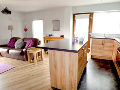 An open plan living room and kitchen with a brown leather sofa and kitchen island at Penylodge in Builth Wells
