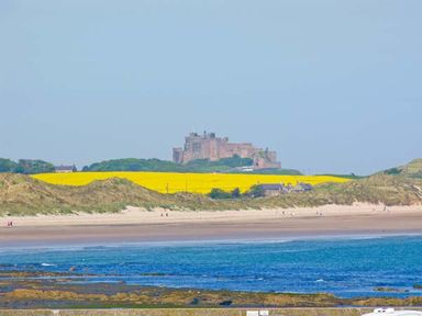 A beach with dunes and a castle in the background at Sunnie Cottage in Seahouses