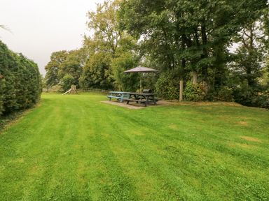 A grassy garden with picnic tables and an umbrella near trees and a wooden slide at Y Cartws in Nevern near Cardigan
