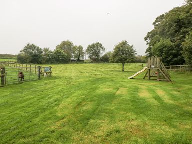 A grassy outdoor area with a wooden play structure and gate with animals at Y Cartws Nevern near Cardigan
