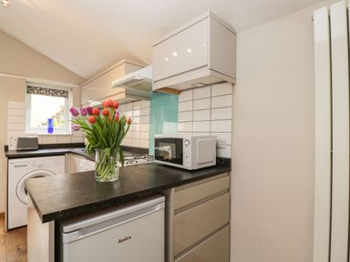 A kitchen with a vase of tulips on the countertop a microwave a washing machine and a toaster at Bower Coach House in Bower Hinton near Martock