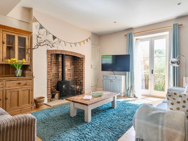 A living room with a wood stove and a television at East Wing in Crewkerne