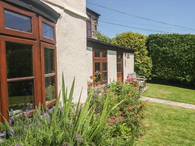 A garden with flowers and green plants outside a white house with wooden framed windows and a bench on a stone pathway at Meadow Lea in Pensilva near Liskeard