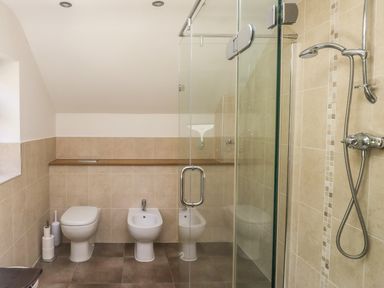 A bathroom with a toilet bidet and glass shower enclosure at Meadow Lea in Pensilva near Liskeard