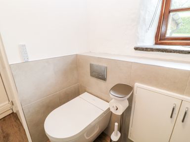 A bathroom corner with a modern toilet next to a window and a toilet paper holder at Meadow Lea in Pensilva near Liskeard