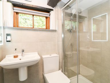 A bathroom with a sink toilet and glass shower enclosure at Meadow Lea Pensilva near Liskeard