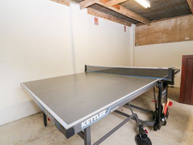 An indoor room with a ping pong table and paddles at Meadow Lea Pensilva near Liskeard