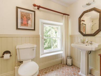 A bathroom with a toilet sink window and a framed picture at Gardeners Cottage in Bellingham