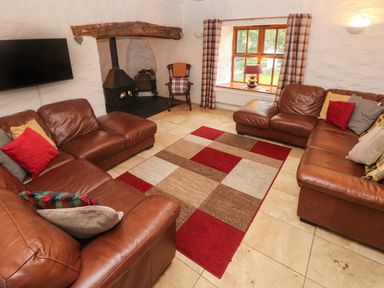 A living room with brown leather sofas a patterned rug a wood stove and a window with plaid curtains at Ty Llwyd in Nevern near Cardigan