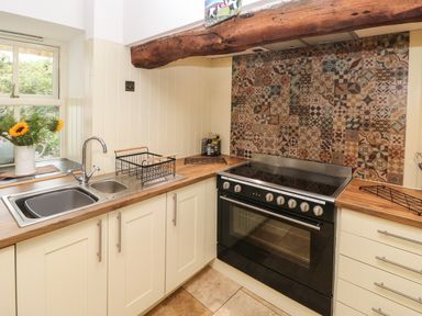 A kitchen with cream cabinets a dual sink a window with flowers on the sill a black oven and a tiled backsplash at Ty Llwyd in Nevern near Cardigan