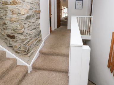 A hallway with carpeted stairs and stone wall at Ty Llwyd in Nevern near Cardigan