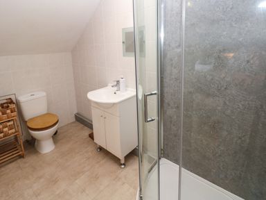 A bathroom with a toilet, a sink with cabinet, a shower with glass door, and a wooden storage rack at Ty Llwyd in Nevern near Cardigan