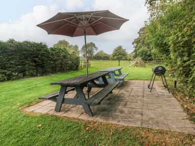 An outdoor patio area with two picnic tables and an umbrella next to a barbecue grill and grassy area with a slide at Ty Llwyd in Nevern near Cardigan
