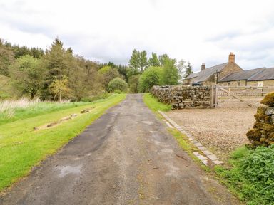 A country road with trees on the left and stone wall and buildings on the right at Shepherds Burn Cottage in Bellingham