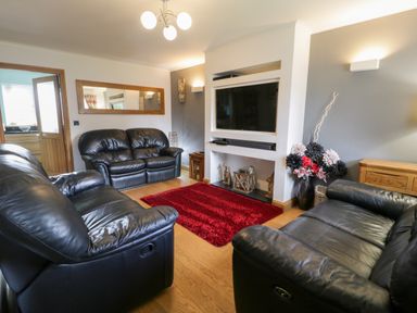A living room with black leather sofas a mounted television a red rug and a vase with flowers at 6 Stad Yr Ysgol in Manod near Blaenau Ffestiniog