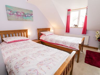 A bedroom with two single wooden beds with elephant printed bedding a window with red curtains a bedside table a painting on the wall and flowers on the floor at 6 Stad Yr Ysgol in Manod near Blaenau Ffestiniog