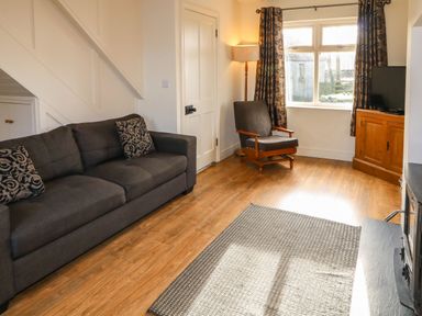 A living room with a gray sofa and patterned cushions a gray armchair a wooden cabinet with a television and a floor lamp near a window at Rosies Cottage in Bushmills County Antrim