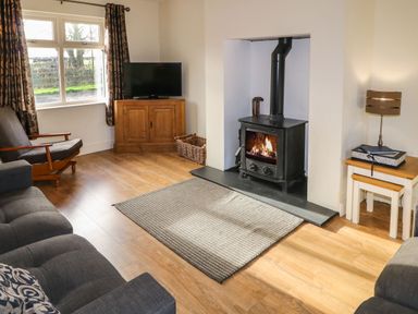 A living room with a wood burning stove a gray sofa a wooden armchair a wooden cabinet with a television and a window with patterned curtains at Rosies Cottage in Bushmills County Antrim