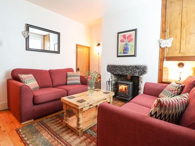 A living room with two red sofas a wooden coffee table and a fireplace at Siskin in Dinas Mawddwy near Dolgellau