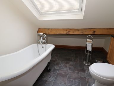 A bathroom with a white bathtub under a skylight and a toilet with a stand holding toilet paper at Dumbuie in Haltwhistle