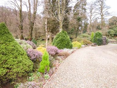 A garden with bushes trees and gravel path at Rhydlandgoed Stepaside near Saundersfoot