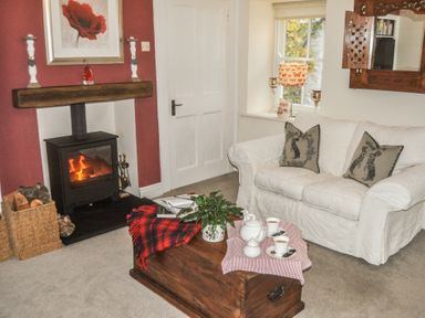 A living room with a white sofa two cushions a wooden coffee table with tea set and a fireplace at Rhydlandgoed Stepaside near Saundersfoot