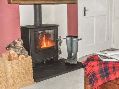 A wood burning stove with fire next to a basket of firewood and a pair of boots near a white door with a red and black plaid blanket on a wooden table at Rhydlandgoed Stepaside near Saundersfoot