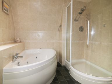 A bathroom with a corner bathtub and a curved glass shower at Lodge 22 Bodmin Holiday Park Cornwall in Lanivet