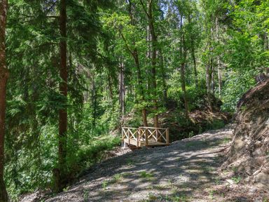 A gravel forest path with a small wooden bridge at Lady Bagots Cabin in Ruthin