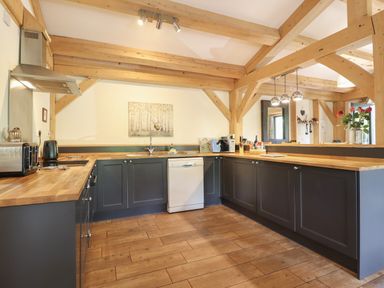 A kitchen with countertops and appliances at Lady Bagots Cabin Ruthin