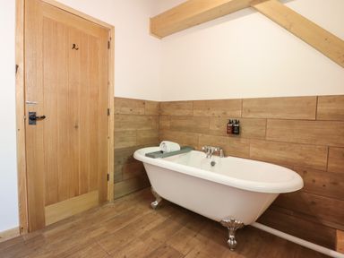 A bathroom with a bathtub and a wooden door at Lady Bagots Cabin in Ruthin
