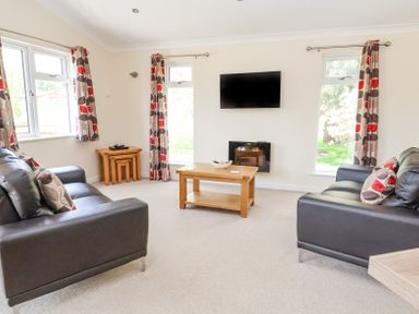 A living room with two black sofas a wooden coffee table a wall-mounted TV and patterned curtains at Callow Lodge 22 Beaconsfield Holiday Park