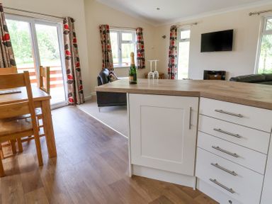 An open plan kitchen and living area with dining table wooden floor and a bottle with glasses on the kitchen counter at Callow Lodge 22 in Beaconsfield Holiday Park
