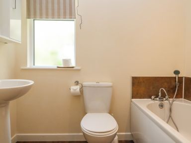 A bathroom with a white toilet, pedestal sink, bathtub with handheld shower, and a window with a striped blind at Callow Lodge 22 Beaconsfield Holiday Park