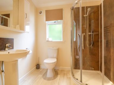 A bathroom with a sink toilet and a curved glass shower at Callow Lodge 22 Beaconsfield Holiday Park