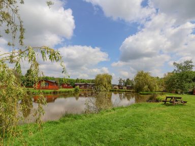 A pond surrounded by grass trees and wooden cabins at Callow Lodge 22 in Beaconsfield Holiday Park