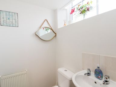 A bathroom with a toilet sink mirror soap dispenser radiator and decorative flowers at Old Chapel in Cloughton
