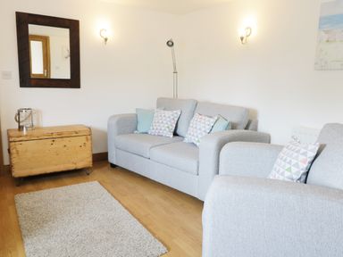 A living room with two light grey sofas with patterned cushions a wooden chest a mirror and a floor lamp at The Annex @ Garden House in Prudhoe near Newcastle