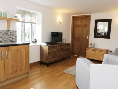 A living area with a wooden cabinet holding a TV a wooden door a mirror above a wooden chest and a gray sofa at The Annex @ Garden House Prudhoe near Newcastle