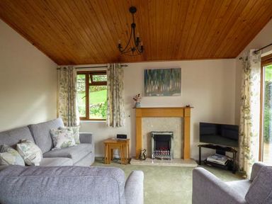 A living room with gray sofas a fireplace a television and floral curtains at South Lodge in Kendal