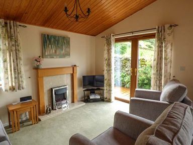 A living room with armchairs a fireplace a television and glass doors leading outside at South Lodge in Kendal